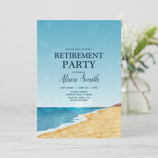 海辺と太陽の光のフィルターで彩られた退職パーティー 招待状 (スタンド正面)