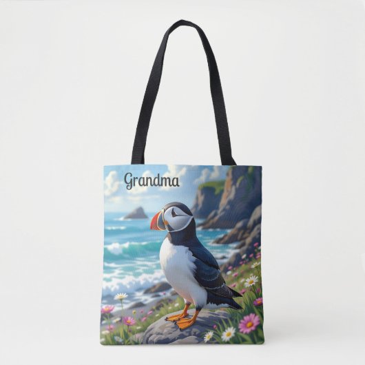 海辺のかわいいニシツッコミペンギンの オリジナルデザイングッズ トートバッグ (正面)