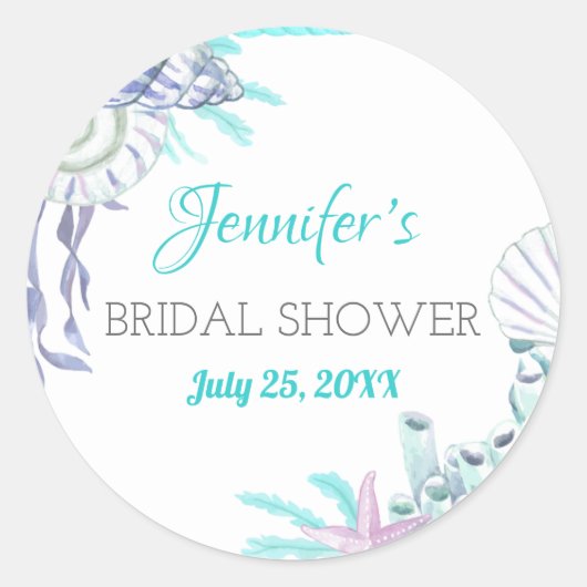 海辺のアクア シェル ブライダル シャワー 水彩画 ラウンドシール (正面)