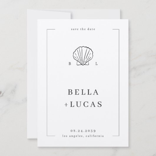 海辺のウェディングにぴったりな航海の殻のモノグラムQRコード結婚式 セーブザデート (正面)