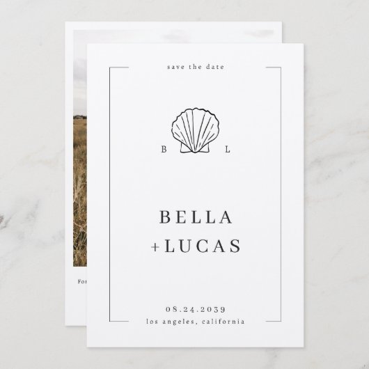 海辺のウェディングにぴったりな航海の殻のモノグラムQRコード結婚式 セーブザデート (正面/裏面)