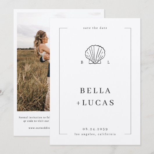 海辺のウェディングにぴったりな、航海をイメージした貝殻のモノグラムQRコード結婚式 セーブザデート (正面/裏面)