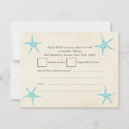 海辺のウェディング ブルー ターコイズ アクア スターフィッシュ 出欠カード (正面)