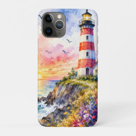 海辺のカラフルな水彩画の灯台 iPhone 11 PROケース