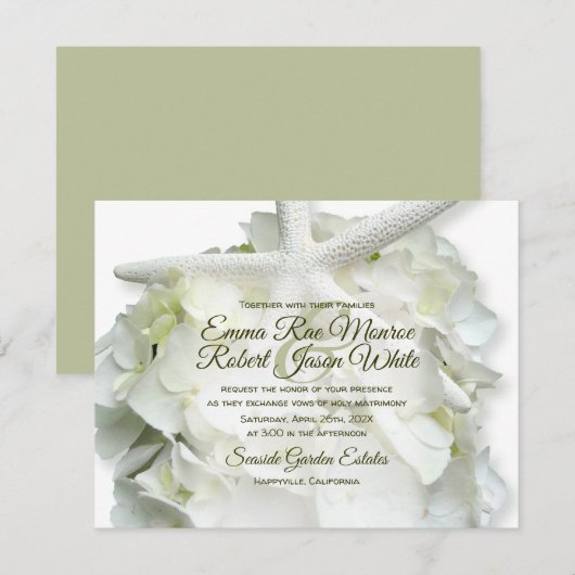 海辺のガーデン 白いヒトデとハイドランジアのウェディング 招待状 (正面/裏面)