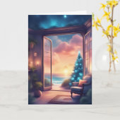 海辺のクリスマスの夕日 カード (黄色い花)