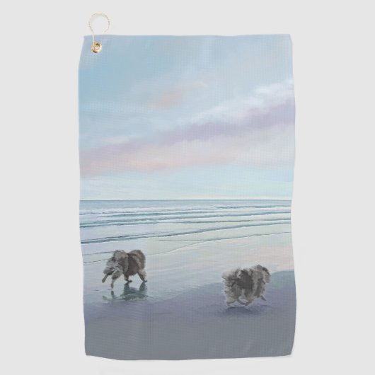 海辺のケースホンドの絵画 犬のアート ゴルフタオル (正面)