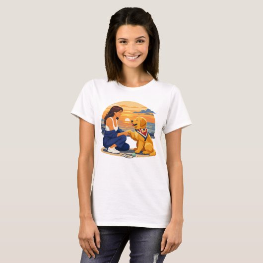 海辺のゴールデンレトリバーの母 Tシャツ (正面フル)