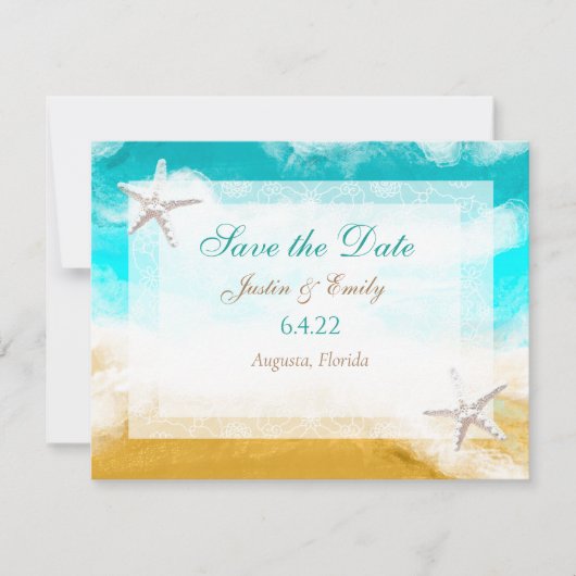 海辺のターコイズの波 Save the Date 招待状 (正面)