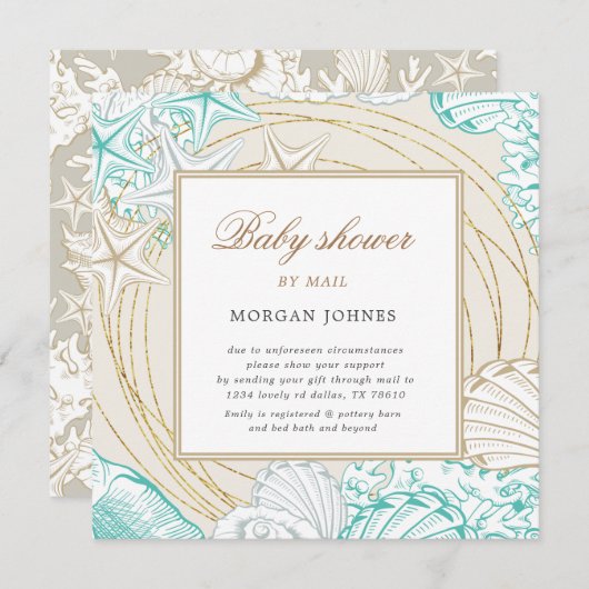 海辺のターコイズ金ゴールド沿岸の赤ちゃんシャワー (正面/裏面)