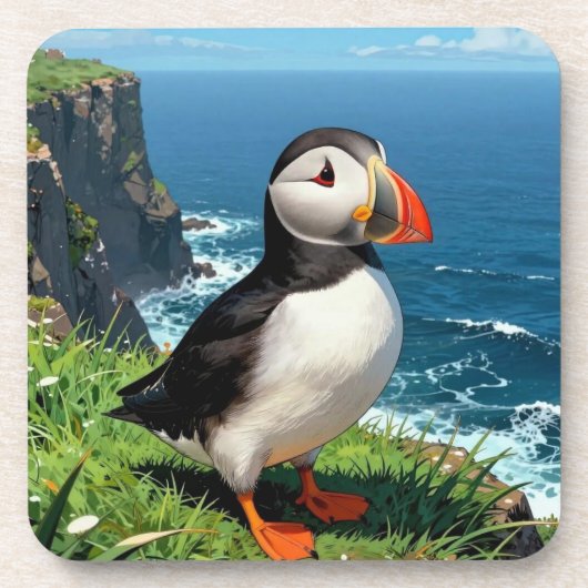 海辺のツノメドリのイラスト   コースター (正面)