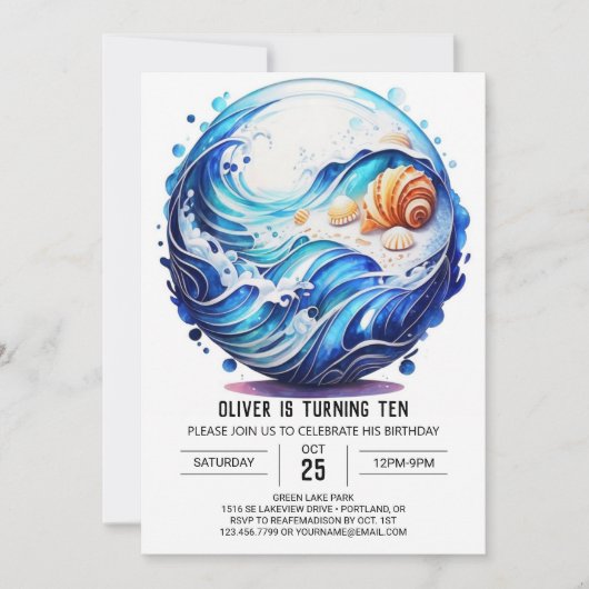 海辺のディープブルー子供の誕生日 招待状 (正面)