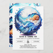 海辺のディープブルー子供の誕生日 招待状 (正面/裏面)