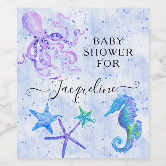 海辺のヒトデのタコ青い赤ちゃんシャワー ワインラベル (シングルラベル)