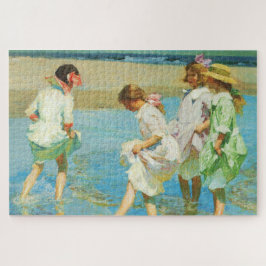 海辺のビーチで水の中を歩く少女たち ジグソーパズル