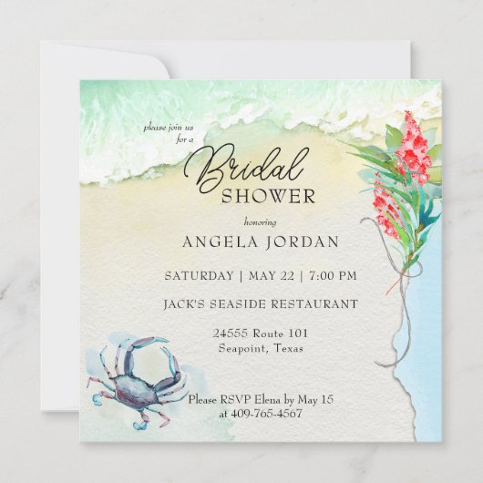 海辺のブルークラブトロピカル ブライダルシャワー 招待状 (正面)