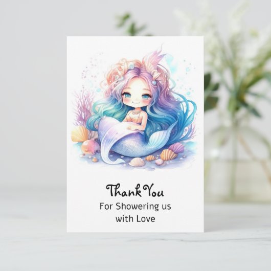 海辺の人魚の赤ちゃんシャワー輝き サンキューカード (スタンド正面)