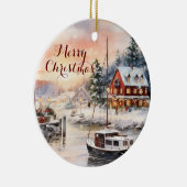 海辺の冬の町 水彩クリスマスアート セラミックオーナメント (右)