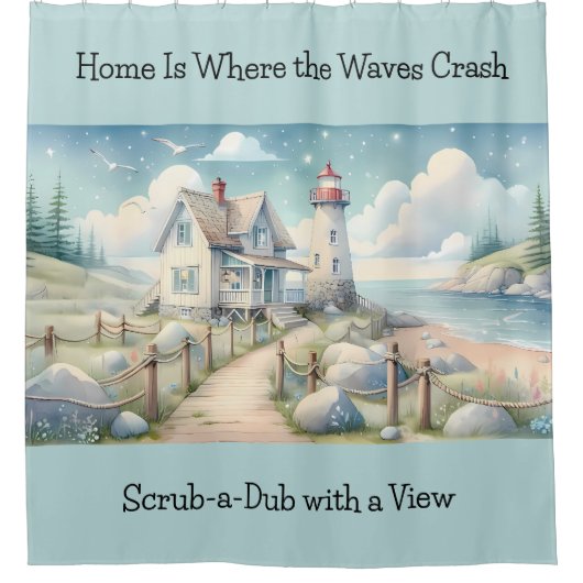 海辺の夢のようなパステルカラーの灯台 シャワーカーテン (正面)
