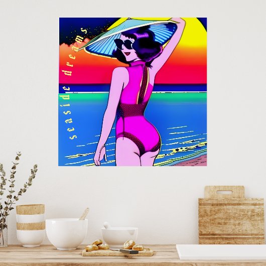 海辺の夢。帽子中国のをかぶった女の子。編集可能 ポスター (キッチン)