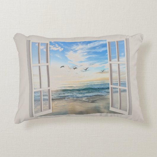 海辺の日の出が窓から アクセントクッション (正面)