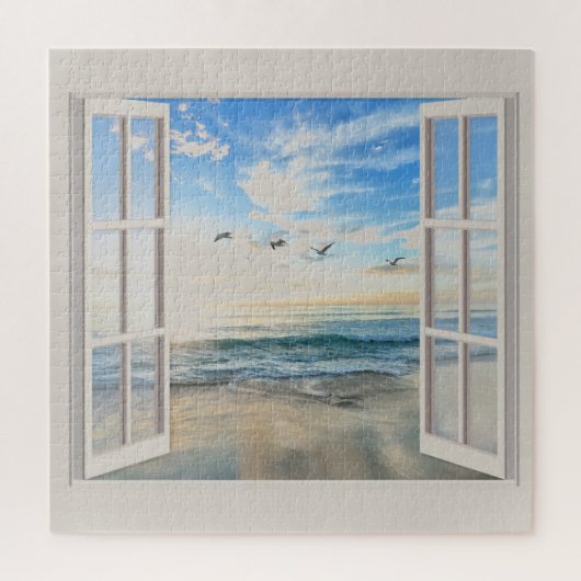 海辺の日の出が窓から ジグソーパズル (縦)