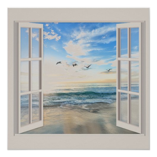 海辺の日の出が窓から ポスター (正面)