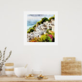 海辺の村の旧世界建築の水色 ポスター (キッチン)