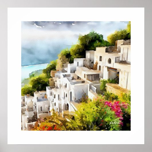 海辺の村の旧世界建築の水色 ポスター (正面)