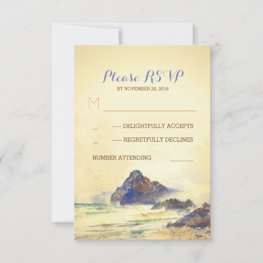 海辺の水絵を描色結婚式RSVP 出欠カード (正面)