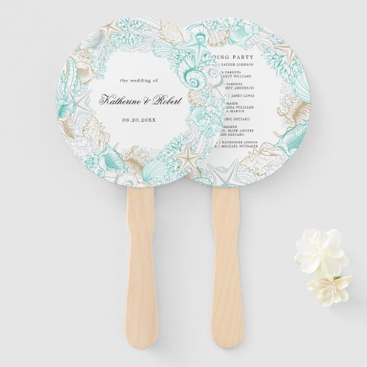海辺の沿岸ターコイズ結婚式 プログラムハンドファン ハンドファン (正面&裏面)