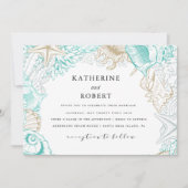 海辺の沿岸ターコイズ結婚金ゴールド 招待状 (正面)