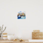 海辺の港に浮かぶ大きな青い船 ポスター (キッチン)