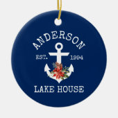海辺の湖畔の家 アンカー 冬の花 青 セラミックオーナメント (正面)