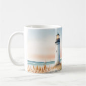 海辺の灯台とコテージの水彩画シーン コーヒーマグカップ (左)