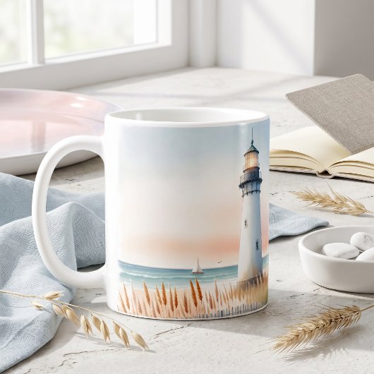 海辺の灯台とコテージの水彩画シーン コーヒーマグカップ