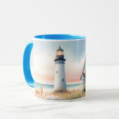 海辺の灯台とコテージの水彩画シーン マグカップ (正面左)