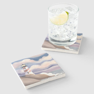 海辺の灯台 水彩画の海の絵画 ストーンコースター