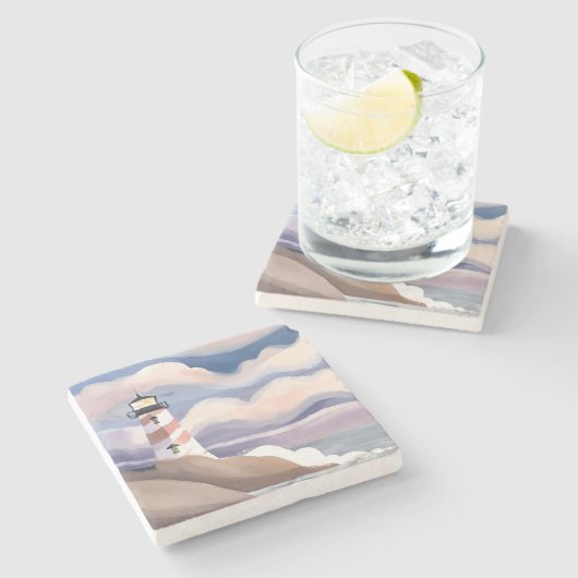 海辺の灯台 | 水彩画の海の絵画 ストーンコースター (横)