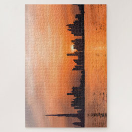 海辺の町の夕日 – 水色 ジグソーパズル