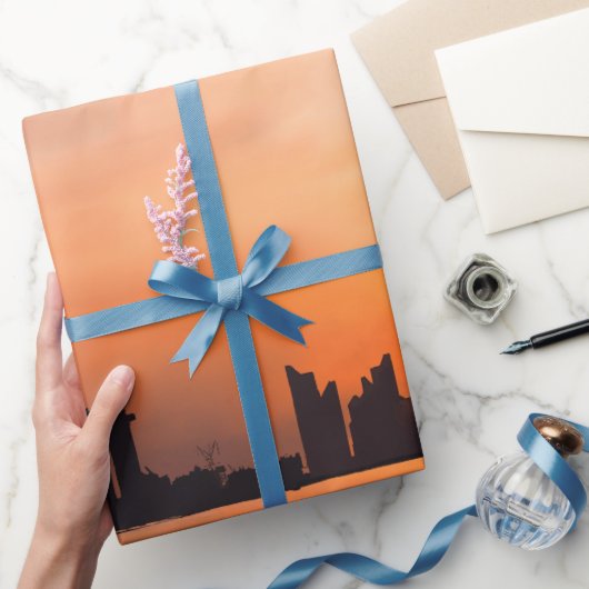 海辺の町の夕日 – 水色 ラッピングペーパー (ギフト)