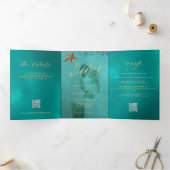 海辺の目的地の結婚式の写真QR RSVP詳細 三つ折り招待状 (内部)