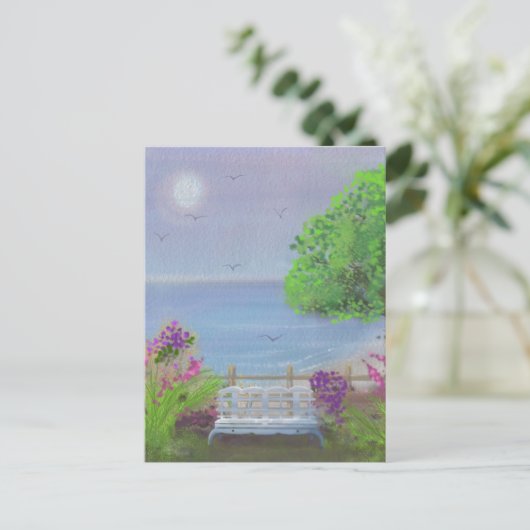 海辺の素敵な花に囲まれた座敷 ポストカード (スタンド正面)