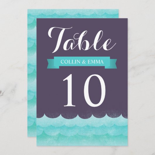 海辺の紫色の結婚式テーブルナンバー 招待状 (正面/裏面)