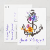 海辺の結婚式のアンカー 紫 結婚しました ビーチ 案内ポストカード (正面/裏面)
