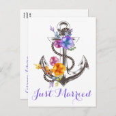 海辺の結婚式 アンカー 紫 結婚しました ビーチ 案内ポストカード (正面/裏面)