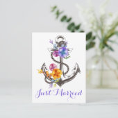 海辺の結婚式 アンカー 紫 結婚しました ビーチ 案内ポストカード (スタンド正面)