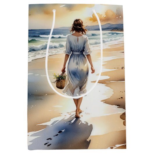 海辺の誕生日の女性を描いた水彩画 ミディアムペーパーバッグ (正面)