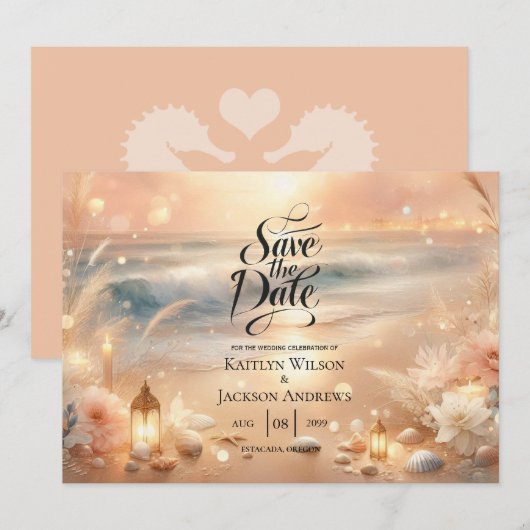 海辺の輝きと夕日の夢結婚の セーブザデート (正面/裏面)
