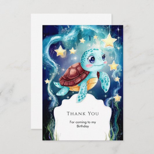海辺の遊び心あふれるカメの誕生日 サンキューカード (正面/裏面)